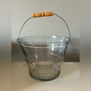 Anchor Hocking Clear Glass Basket w/Wood & Wire Handle, vintage ice bucket